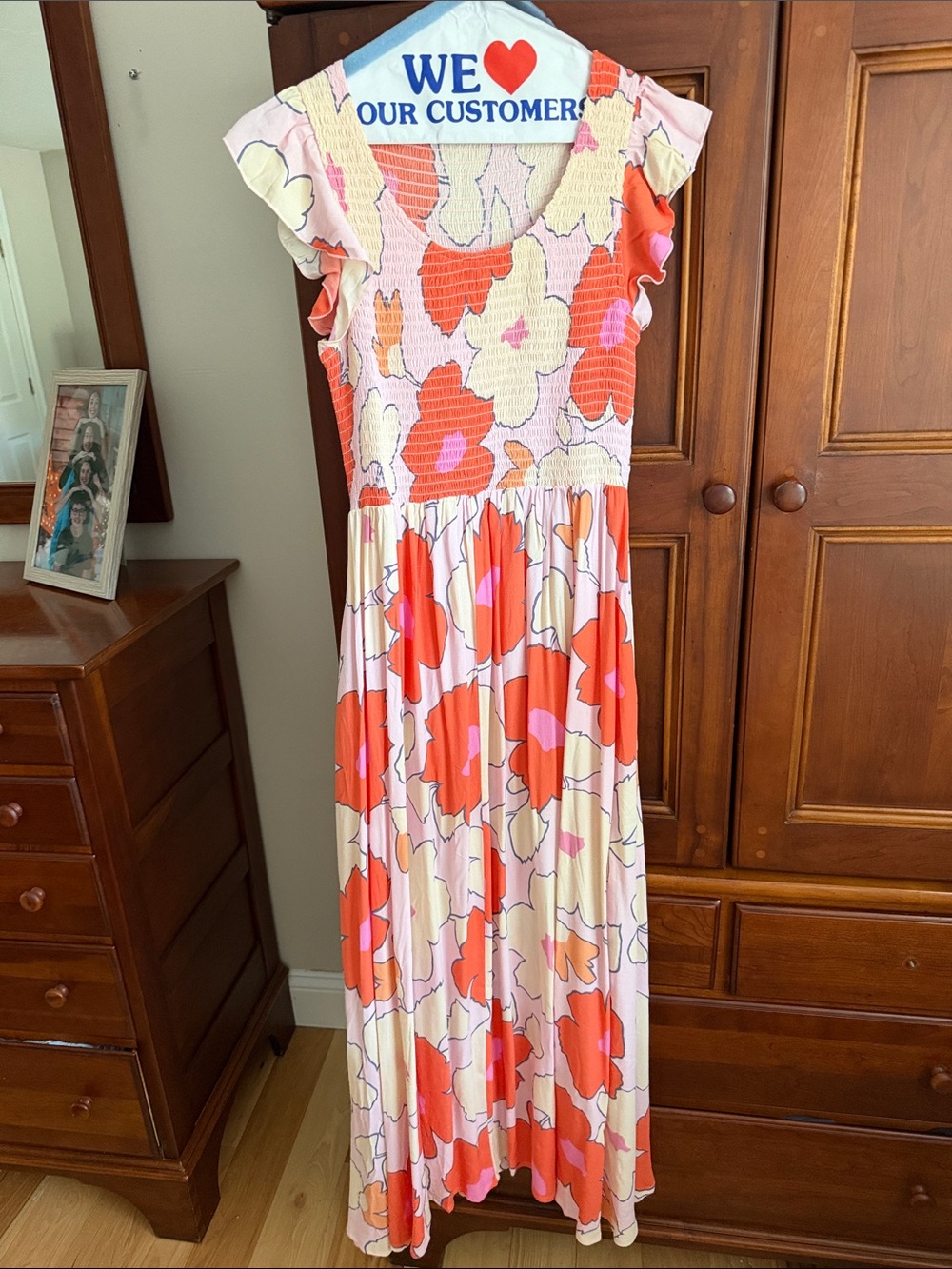 Floral Maxi Dress with Smocked Bodice - Pink, Coral & Cream